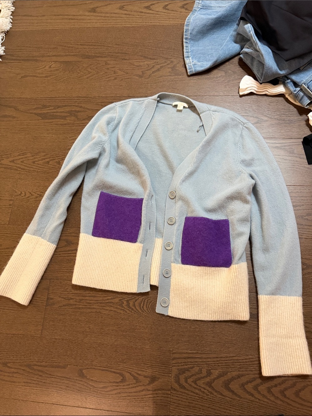 COS Light Blue Cardigan with Purple Pockets and Cream Trim